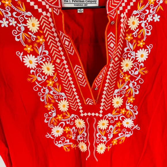 J. Peterman Embroidered Cotton Tunic Top Red-Orange Boho Peasant Style Small - Picture 6 of 8